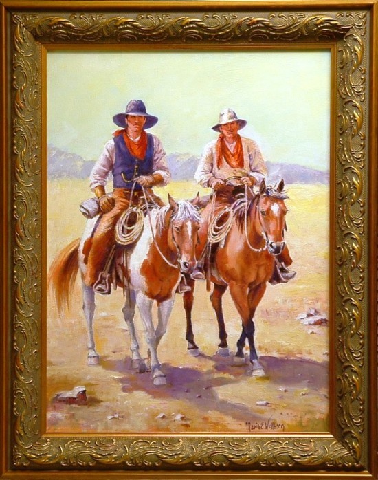 original painting by Maria Edith Wellborn of cowboys on horseback trekking across the desert