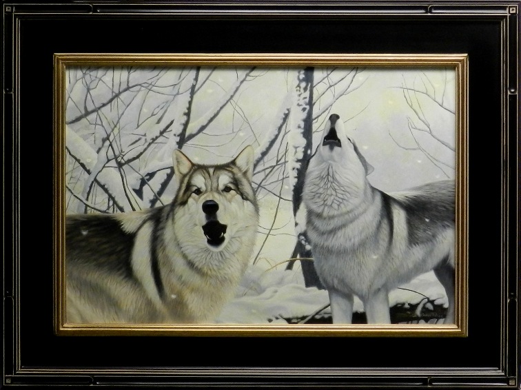 original painting by Daniel Renn Pierce of two Gray Wolves howling in snowy surroundings