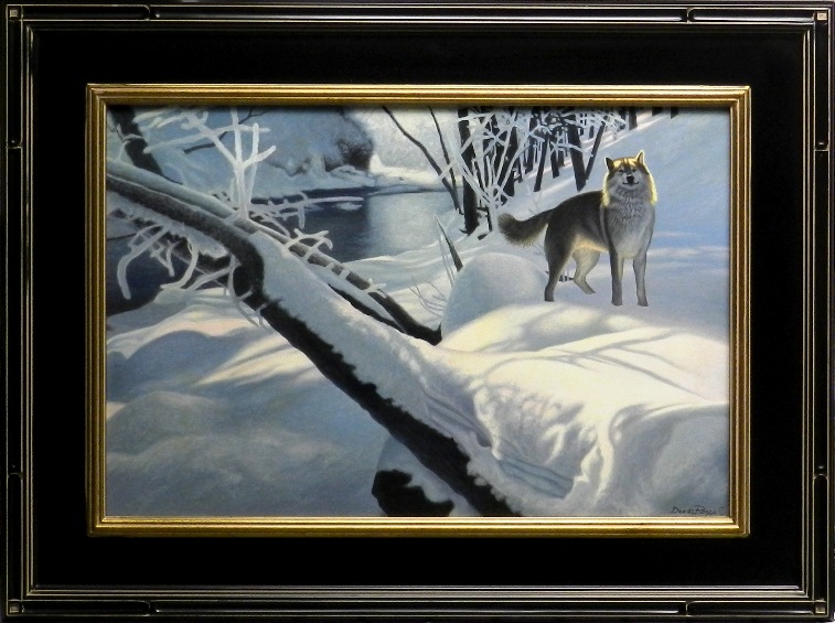 original painting by Daniel Renn Pierce of a lone Gray Wolf in the snow