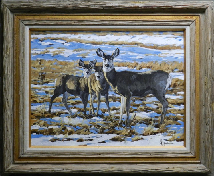 original painting by Linda Budge of whitetailed deer in a snowy meadow