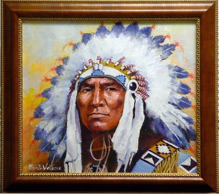 original painting by Maria Edith Wellborn of Indian Chief in headdress