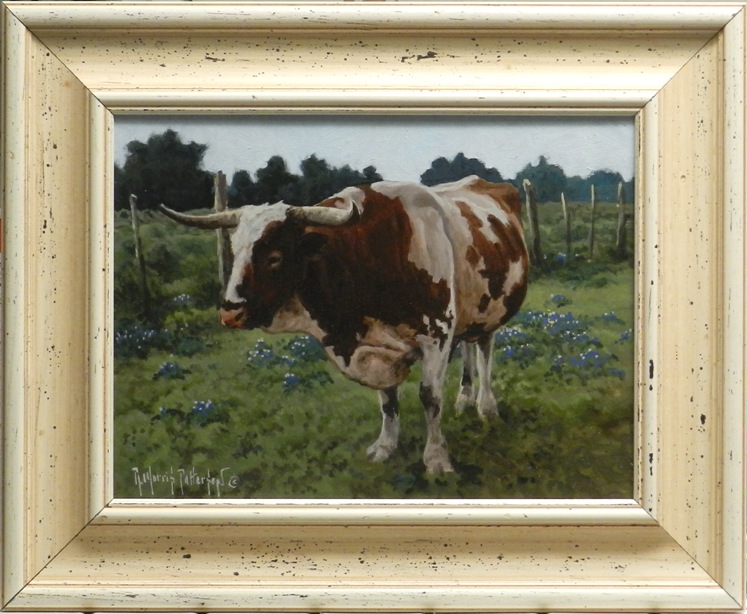 original painting by Rick Morris Patterson of a Texas Longhorn surrounded by Texas Bluebonnets