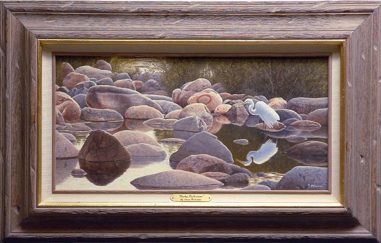 original painting by Denis Milhomme of a rocky river bed with a white egret and it's reflection in still waters