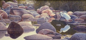 original painting by Denis Milhomme of a white egret in a river bed
