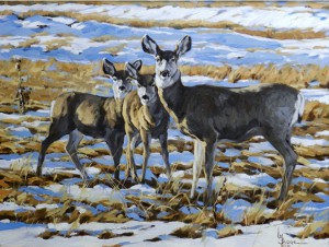 original painting by Linda Budge of deer in a snowy meadow