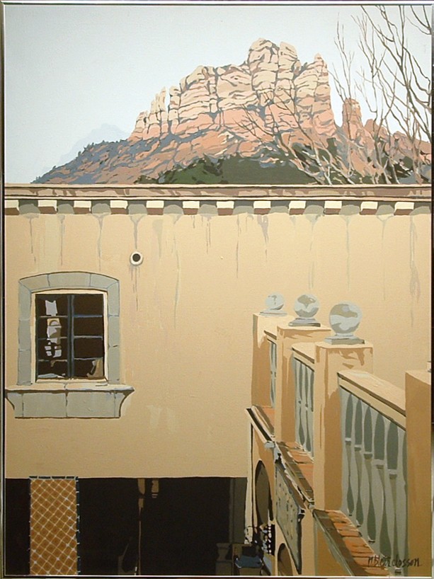 original painting by Nanci Blair Closson of a scene from Patio Azule in Sedona, AZ. Schnebly Rock in background