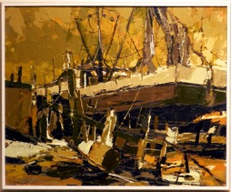 original painting by Nanci Blair Closson of a dry docked shrimp boat