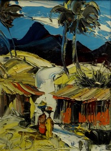 original painting by Paul Blaine Henrie of a Tahitian Village