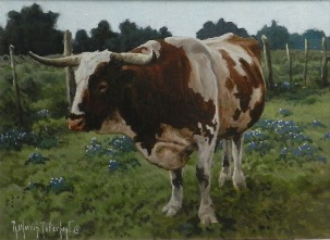 original painting by Rick Morris Patterson of a Texas Longhorn among Texas Bluebonnets