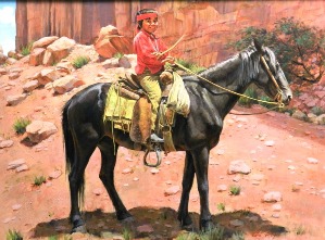 Original illustration by former Disney artist Robert Totten of a Navajo boy on horseback