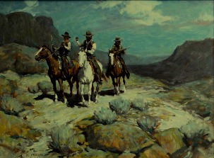 original nocturne painting by Ron Crooks of three suspicious cowboys on horseback