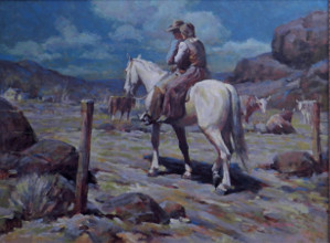 original painting of Ron Crooks and a couple on horseback