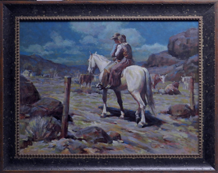 original nocturne painting by Ron Crooks of a cowboy couple on white horse together
