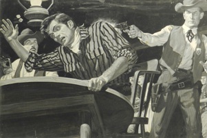 original illustration by Shannon Stirnweis of sheriff shooting gambler in saloon