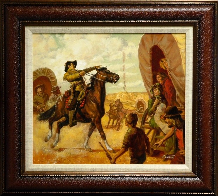 original commissioned illustration by Shannon Stirnweis of wagon train settlers alarmed at distant Indian smoke signals