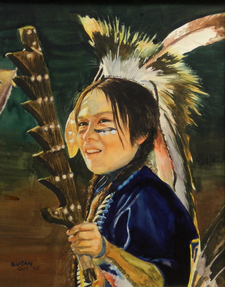 original watercolor by Susan Guy of young Indian girl in ceremonial dress