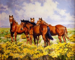original painting by Maria Edith Wellborn of wild horses among a meadow of wild flowers